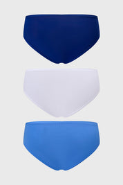 Calzón mujer tripack liso en azul blanco y celeste sin estampa diseño clásico de cobertura completa