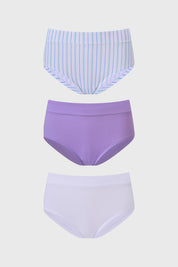 Tripack de calzones de mujer tiro alto en azul con uno a rayas azules otro lila liso y otro blanco liso
