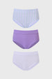 Tripack de calzones de mujer tiro alto en azul con uno a rayas azules otro lila liso y otro blanco liso
