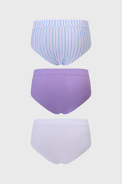 Tripack de calzones de mujer tiro alto en azul con uno a rayas azules otro lila liso y otro blanco liso