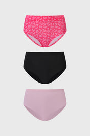 Calzón mujer tiro alto tripack fucsia con diseño floral en parte superior negro liso al medio y rosa liso en la parte inferior