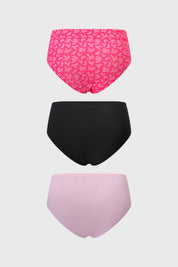 Calzón mujer tiro alto tripack fucsia con diseño floral en parte superior negro liso al medio y rosa liso en la parte inferior