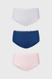 Calzón mujer tripack pantaleta azul marino detalle encaje superior lazo pequeño prenda lisa cómoda y elegante