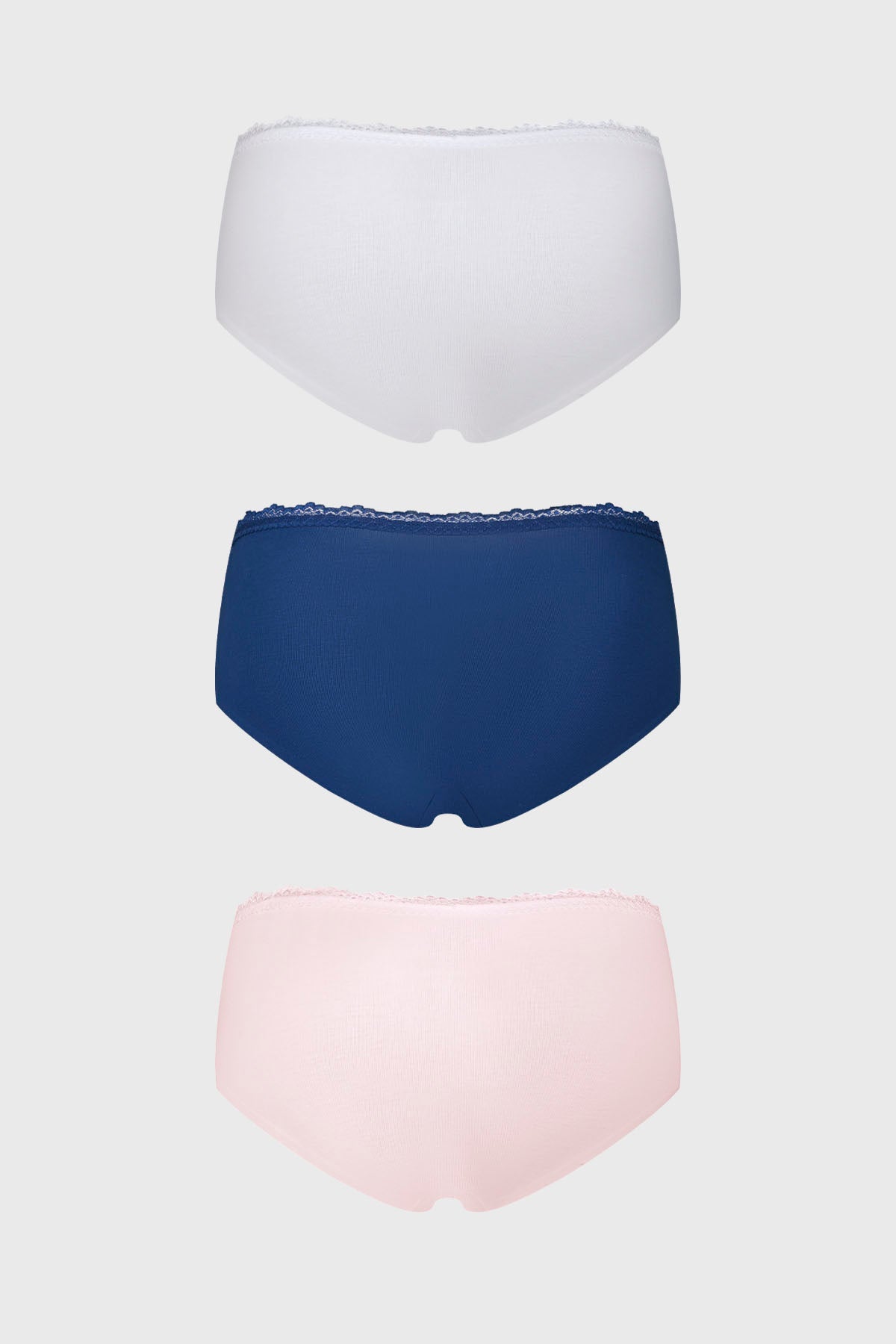 Calzón mujer tripack pantaleta azul marino detalle encaje superior lazo pequeño prenda lisa cómoda y elegante