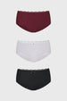 Calzón mujer tripack pantaleta en café con detalle de encaje y lazo pequeño centrado prenda lisa