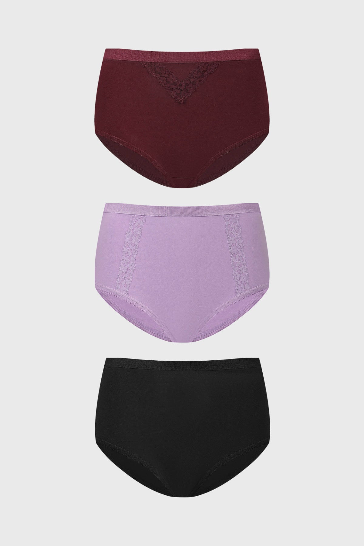 Tripack de calzones tiro alto en lila burdeos y negro con detalles de encaje frontal diseño liso y cómodo