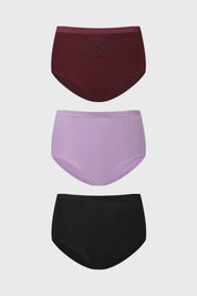 Tripack de calzones tiro alto en lila burdeos y negro con detalles de encaje frontal diseño liso y cómodo
