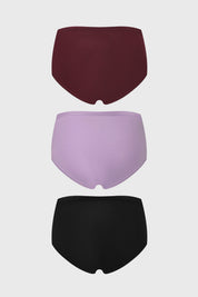 Tripack de calzones tiro alto en lila burdeos y negro con detalles de encaje frontal diseño liso y cómodo