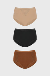 Calzones mujer tiro alto café en tripack con detalle de encaje lateral diseño liso en tonos beige negro y marrón