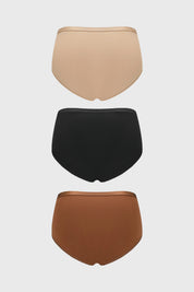 Calzones mujer tiro alto café en tripack con detalle de encaje lateral diseño liso en tonos beige negro y marrón