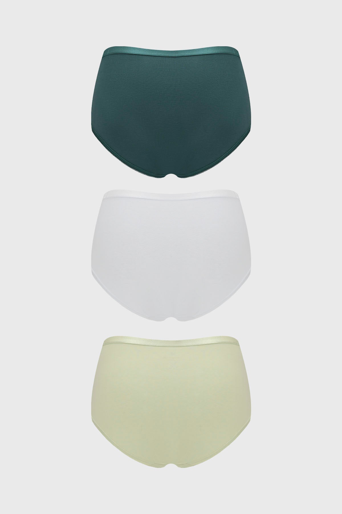 Calzón mujer tiro alto tripack algodón en tonos turquesa blanco y verde con detalles de encaje en el frontal