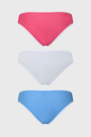Pack de tres calzones bikini lisos en fucsia blanco y azul sin estampas