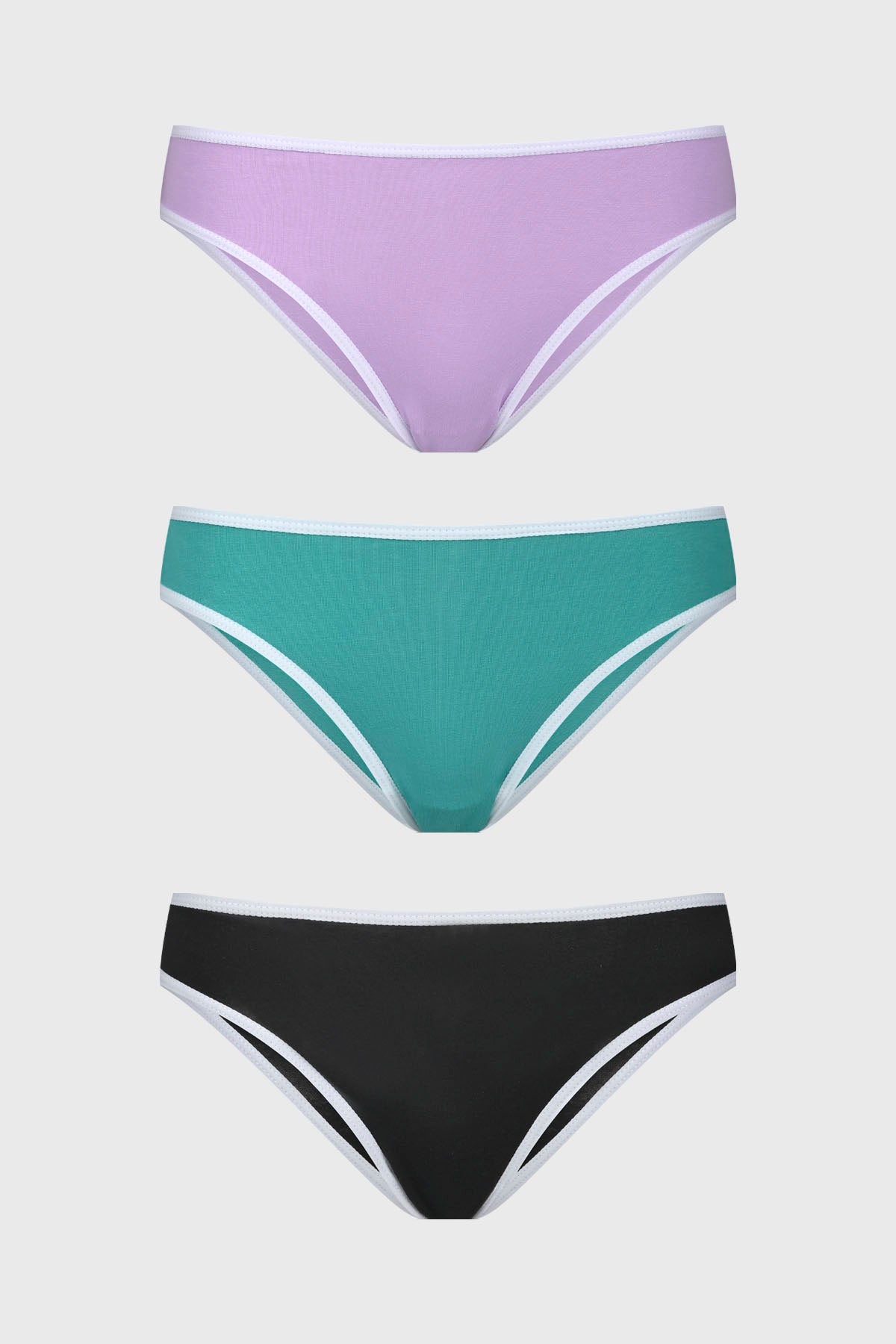 Tripack de calzones bikini en tonos aqua lila y negro diseño liso con bordes blancos para un look fresco y moderno