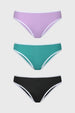 Tripack de calzones bikini en tonos aqua lila y negro diseño liso con bordes blancos para un look fresco y moderno