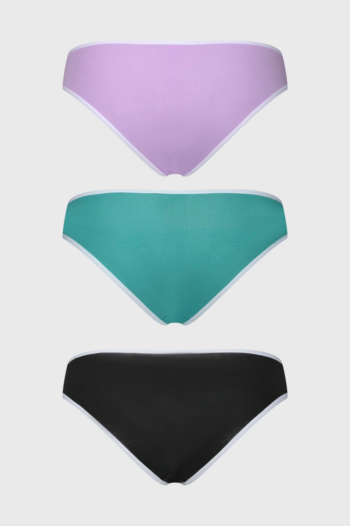 Tripack de calzones bikini en tonos aqua lila y negro diseño liso con bordes blancos para un look fresco y moderno