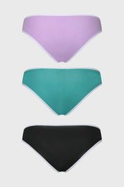 Tripack de calzones bikini en tonos aqua lila y negro diseño liso con bordes blancos para un look fresco y moderno