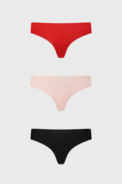 Tripack de calzones colaless en rojo rosa y negro diseño liso de algodón spandex sin estampado visible