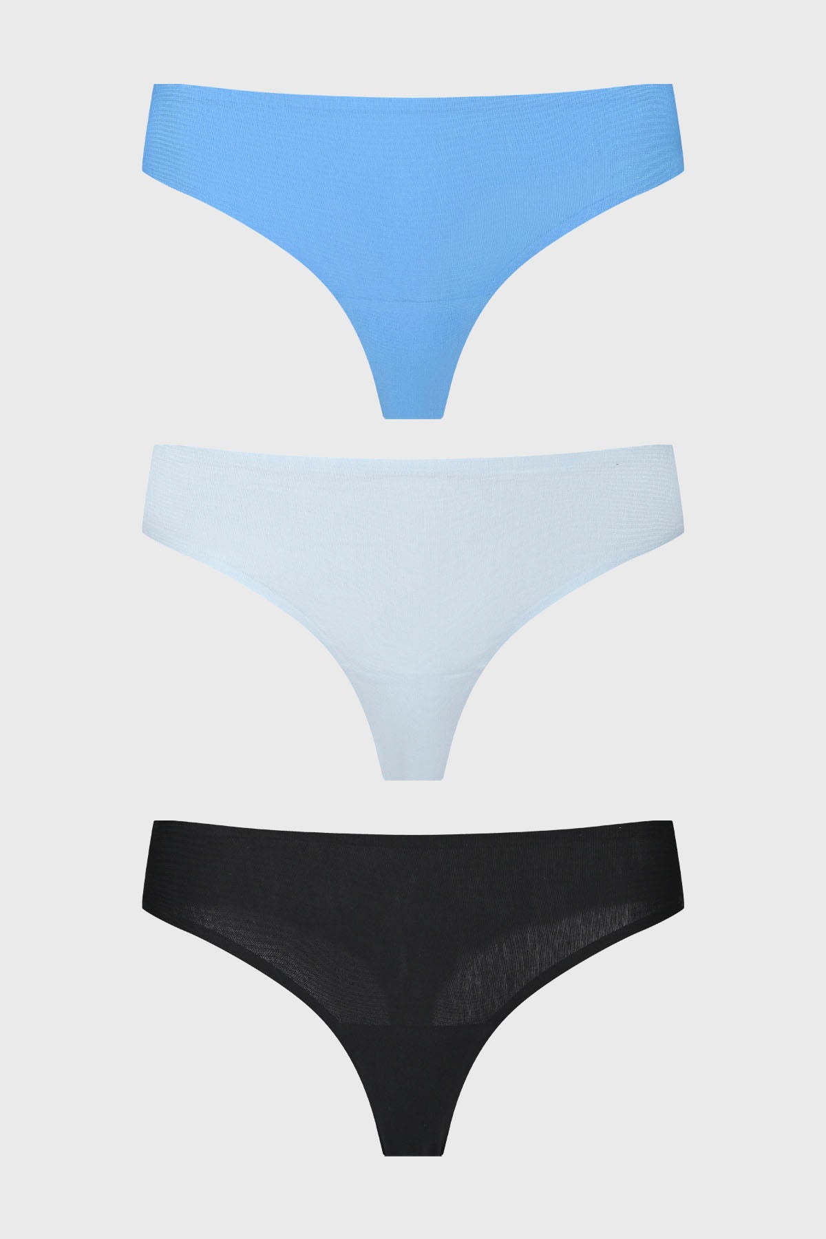 Tripack de calzones colaless para mujer en azul negro y blanco diseño liso sin estampas