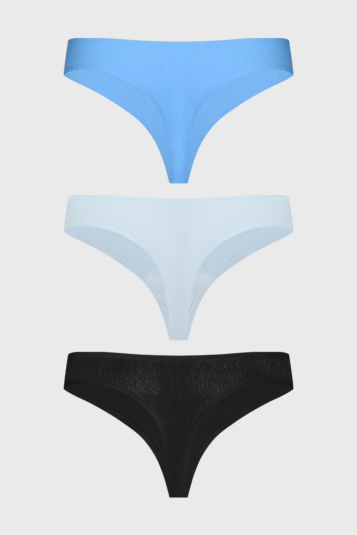Tripack de calzones colaless para mujer en azul negro y blanco diseño liso sin estampas