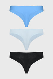 Tripack de calzones colaless para mujer en azul negro y blanco diseño liso sin estampas