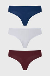 Tripack de calzones colaless azul marino con uno blanco y otro burdeos sin estampa visibles lisos y cómodos