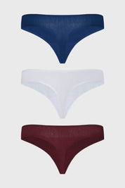 Tripack de calzones colaless azul marino con uno blanco y otro burdeos sin estampa visibles lisos y cómodos