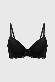 Sostén negro con encaje floral en el frente y tirantes ajustables elegante y sin estampa