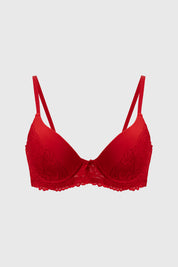 Sostén rojo para mujer con encaje floral delantero diseño elegante y liso confeccionado en poliéster y elastano
