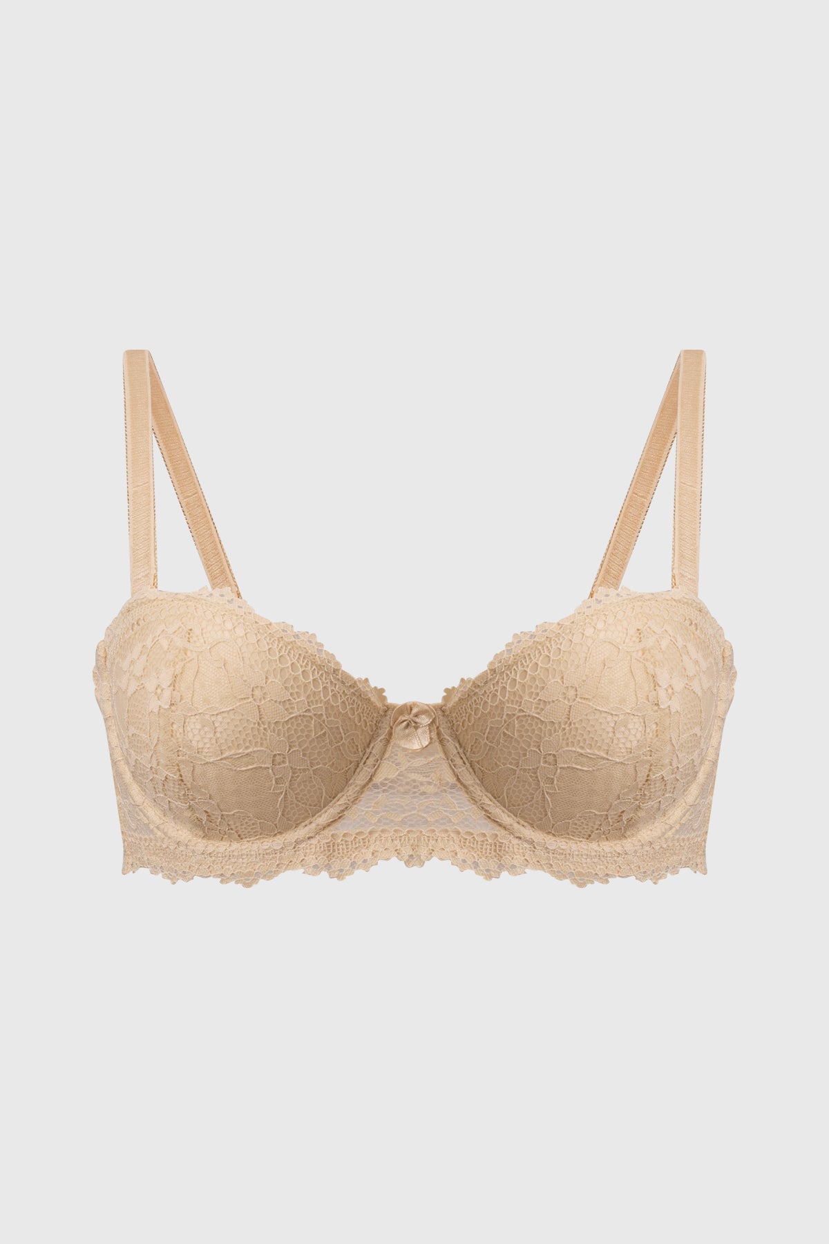 Sostén strapless beige de encaje floral delicado sin estampa visible ideal para un toque elegante y cómodo