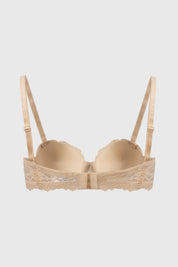 Sostén strapless beige de encaje floral delicado sin estampa visible ideal para un toque elegante y cómodo