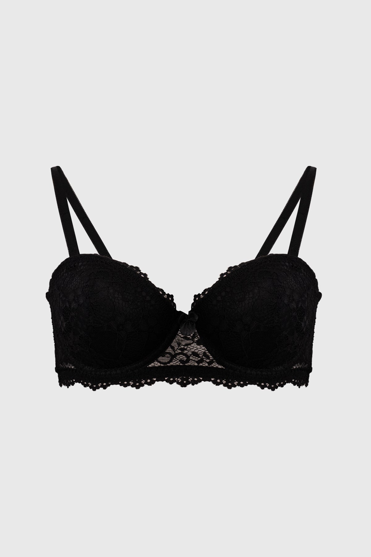 Sostén strapless negro con encaje floral detallado en toda la prenda diseño sin estampas lisa elegante y sofisticada