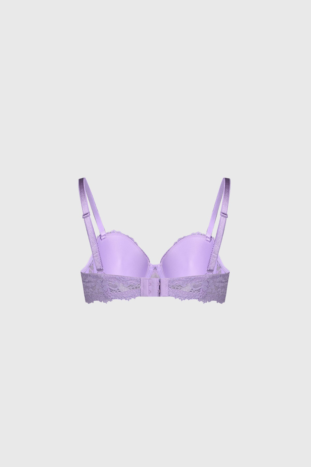 Sostén strapless lila de encaje con diseño floral delicado y lazo central pequeño estilo romántico elegante