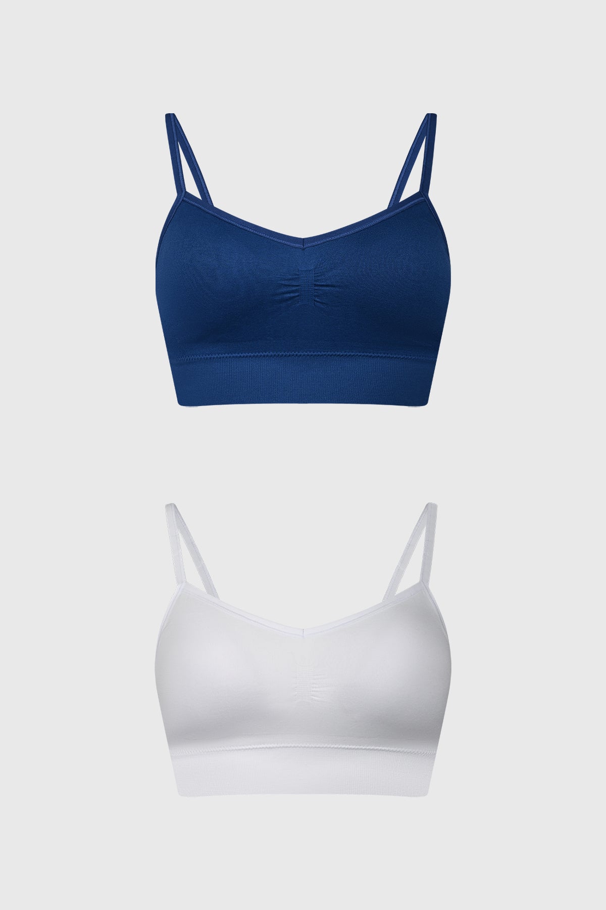 Bipack de sostenes peto para mujer en azul marino y blanco diseño liso con tirantes delgados y detalle fruncido central