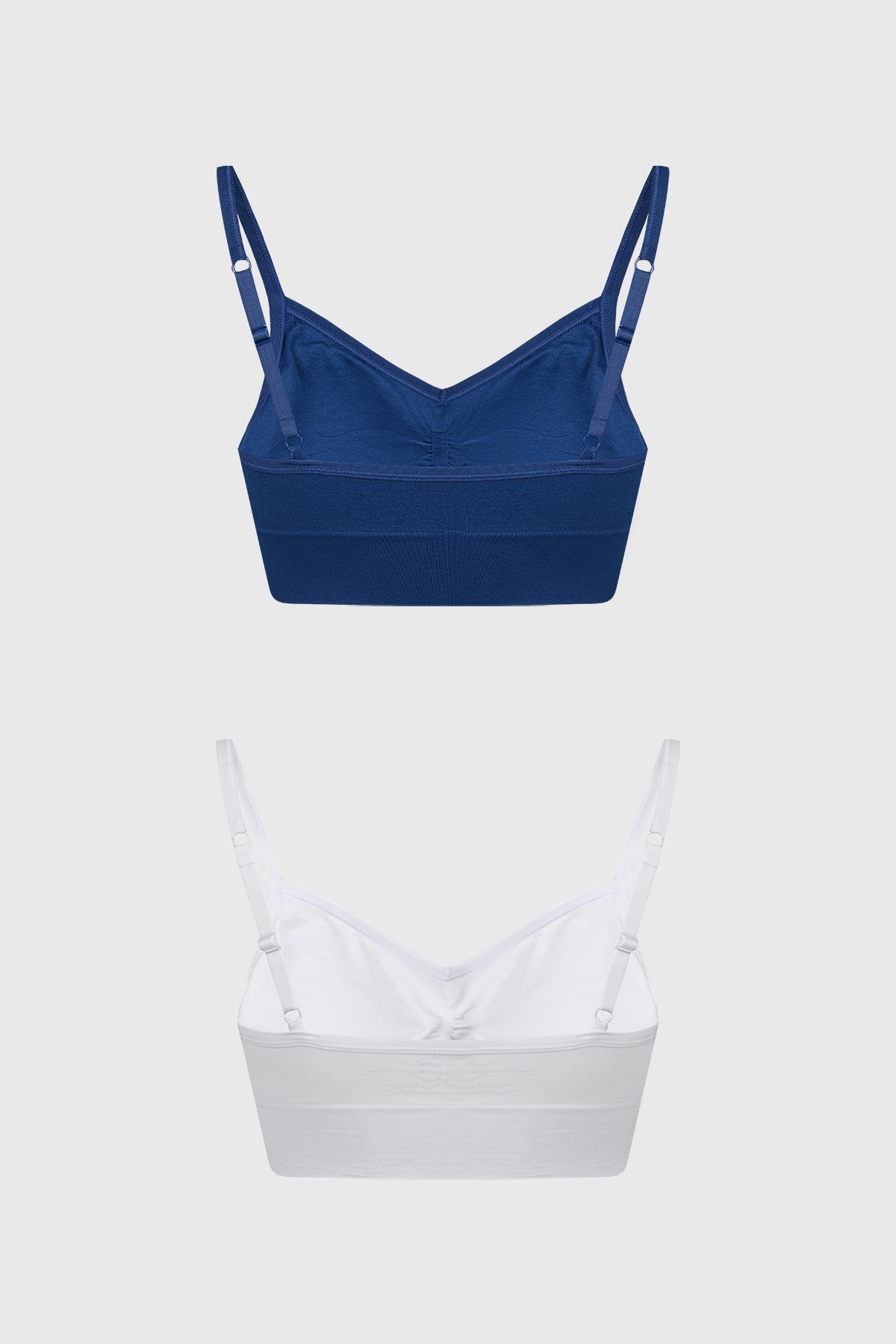 Bipack de sostenes peto para mujer en azul marino y blanco diseño liso con tirantes delgados y detalle fruncido central