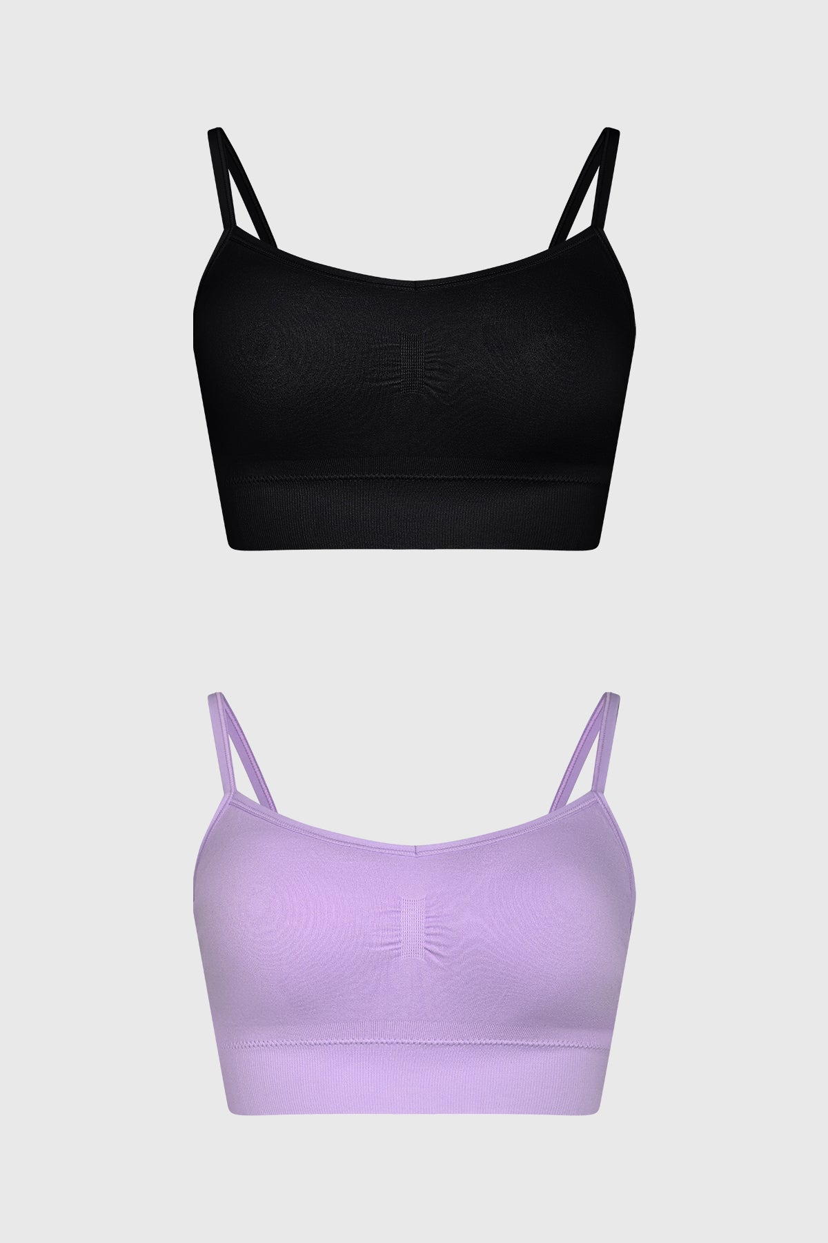 Bipack de petos para mujer en colores negro y lila lisos sin estampas con tirantes delgados y diseño minimalista