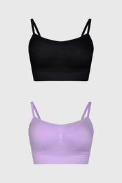 Bipack de petos para mujer en colores negro y lila lisos sin estampas con tirantes delgados y diseño minimalista