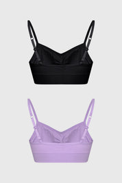 Bipack de petos para mujer en colores negro y lila lisos sin estampas con tirantes delgados y diseño minimalista