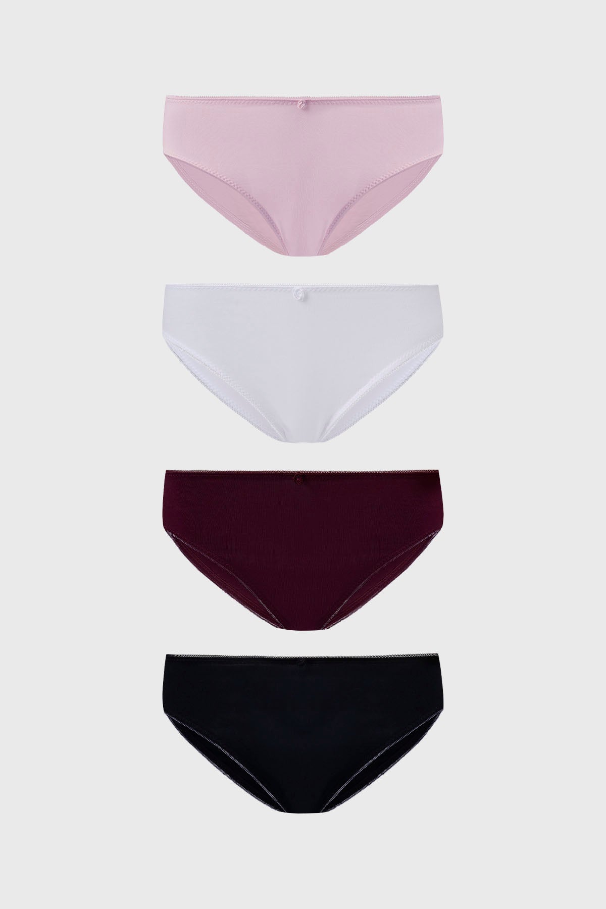 Pack de cuatro calzones bikini en tonos palo rosa blanco burdeos y negro diseño liso sin estampa