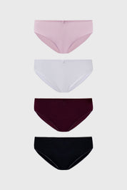 Pack de cuatro calzones bikini en tonos palo rosa blanco burdeos y negro diseño liso sin estampa