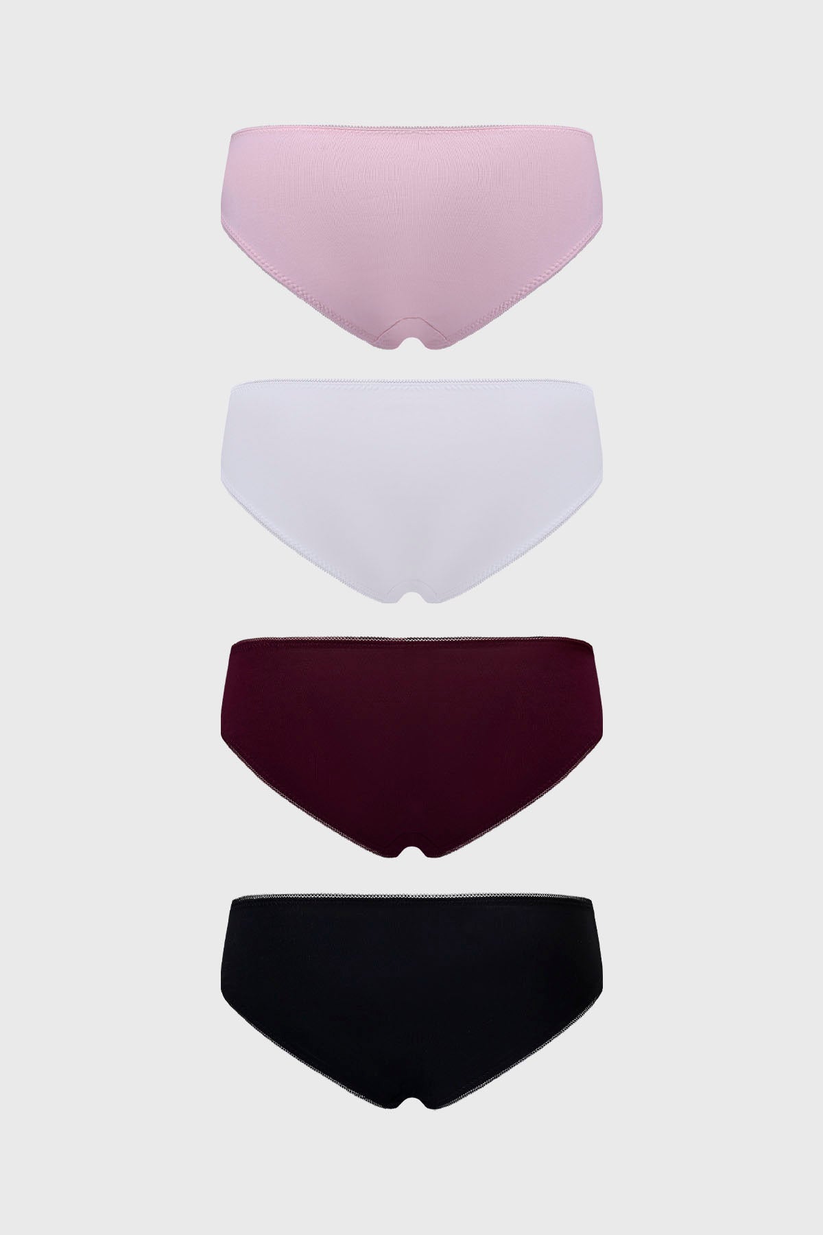 Pack de cuatro calzones bikini en tonos palo rosa blanco burdeos y negro diseño liso sin estampa