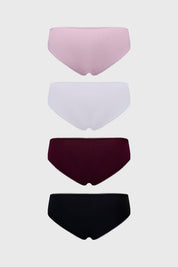 Pack de cuatro calzones bikini en tonos palo rosa blanco burdeos y negro diseño liso sin estampa