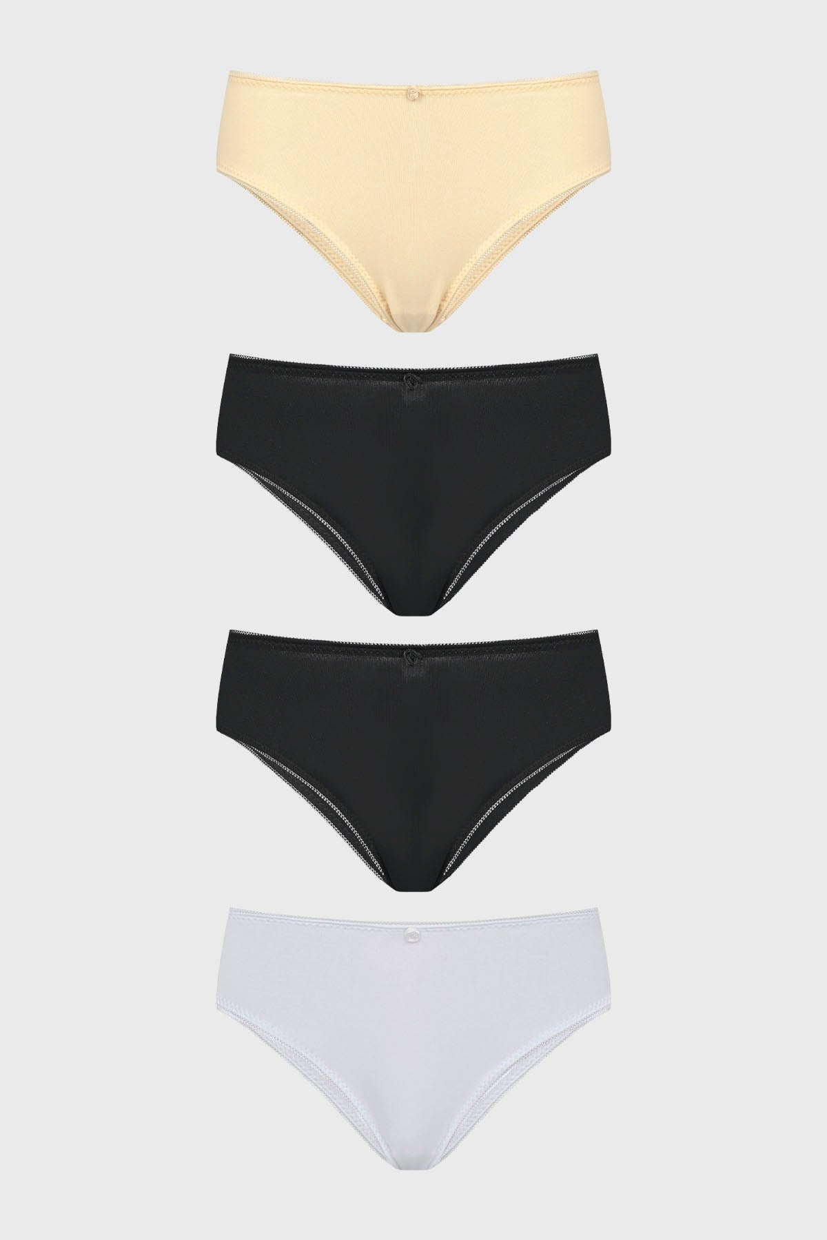 Pack de cuatro calzones bikini para mujer en beige negro y blanco diseño liso sin estampas