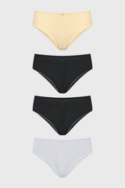 Pack de cuatro calzones bikini para mujer en beige negro y blanco diseño liso sin estampas
