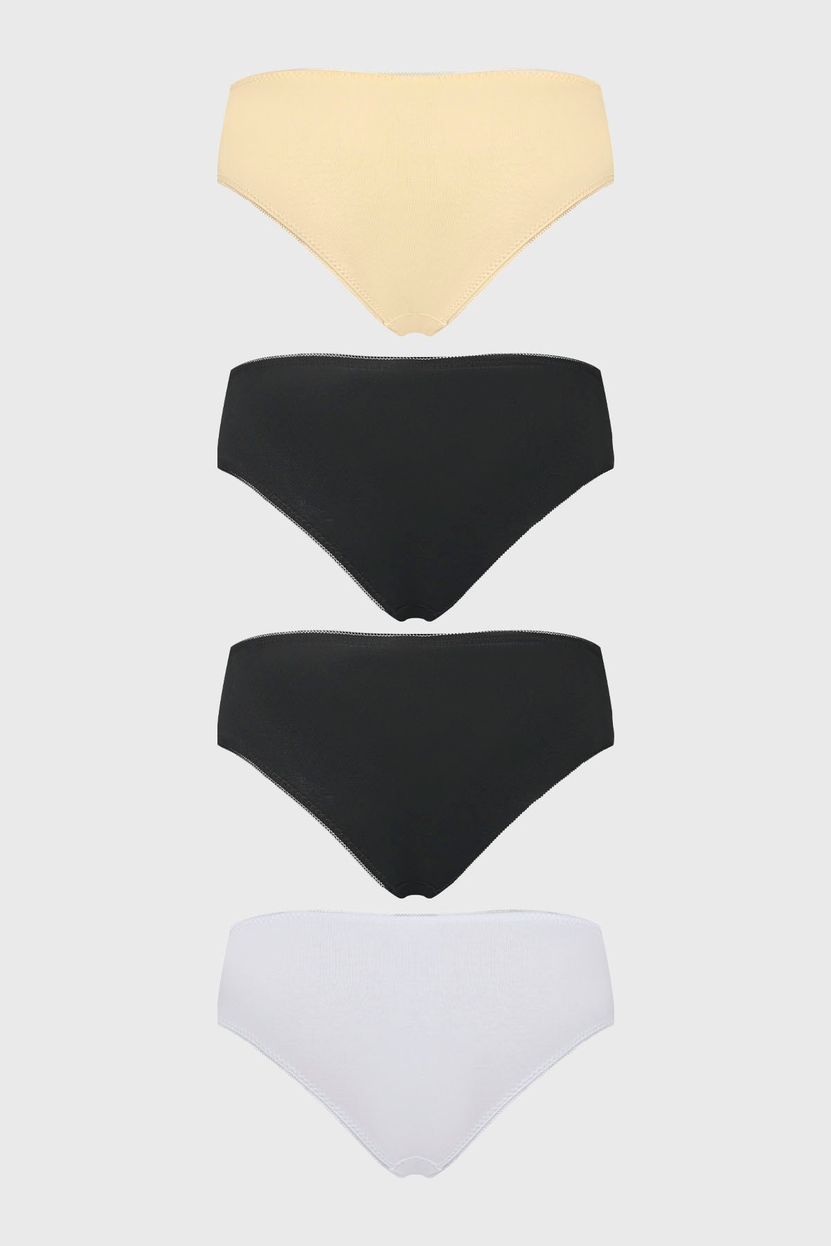 Pack de cuatro calzones bikini para mujer en beige negro y blanco diseño liso sin estampas