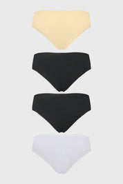Pack de cuatro calzones bikini para mujer en beige negro y blanco diseño liso sin estampas