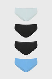 Pack de cuatro calzones bikini en azul claro negro y azul vibrante diseño liso ideales para el uso diario