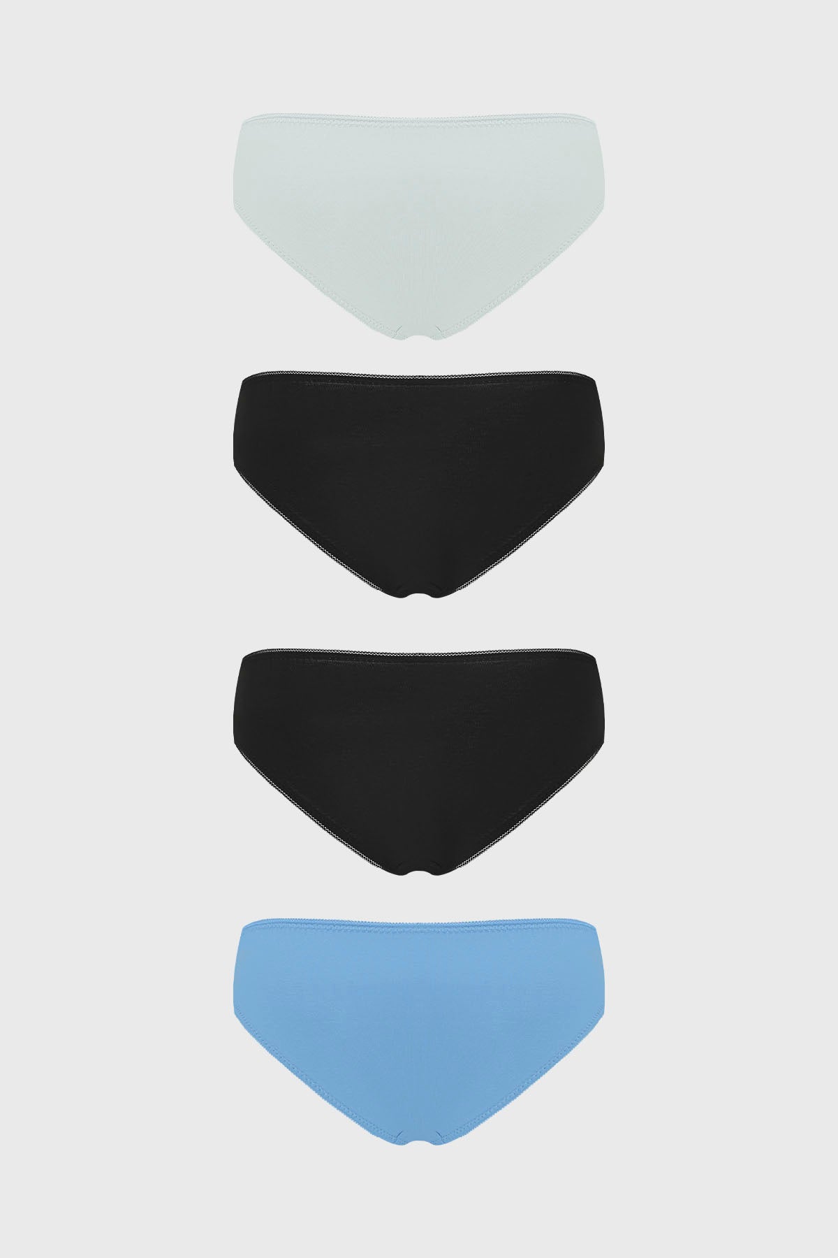 Pack de cuatro calzones bikini en azul claro negro y azul vibrante diseño liso ideales para el uso diario