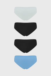 Pack de cuatro calzones bikini en azul claro negro y azul vibrante diseño liso ideales para el uso diario