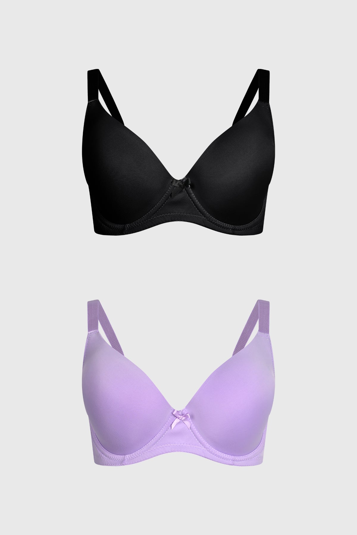 Bipack de sostenes mujer lila y negro con diseño liso y pequeño lazo al centro para un toque sutil y elegante