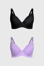 Bipack de sostenes mujer lila y negro con diseño liso y pequeño lazo al centro para un toque sutil y elegante